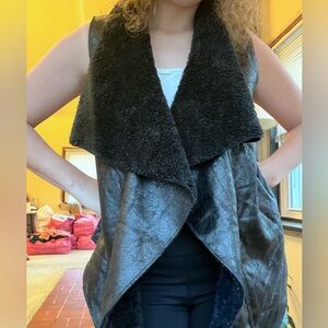 Black Faux Leather + Sherpa Waterfall Drape Vest (Size M)